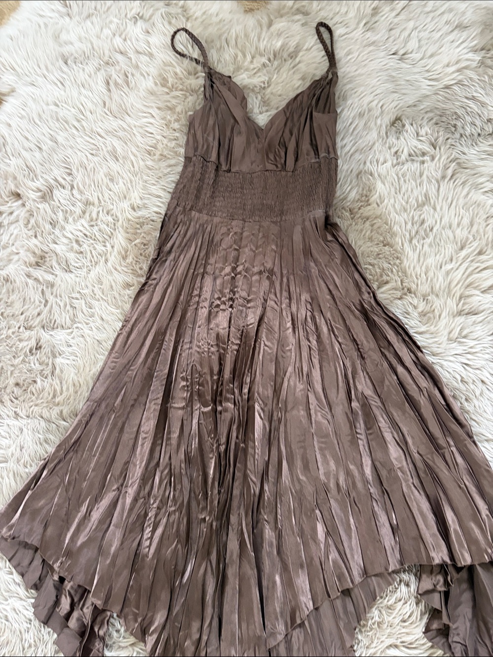 Express Taupe Asymmetrical Pleated Midi Dress
